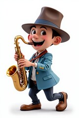 Naklejka premium Playful Cartoon Boy Musician Playing Saxophone 3D Render Jazz Music