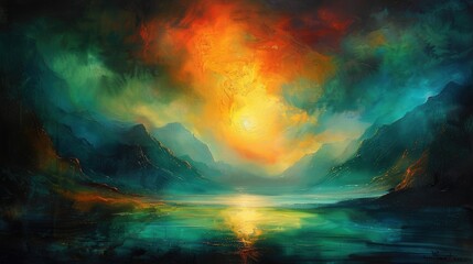 Painting of a mountain range with a large sun in the sky