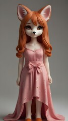 a kawaii red fox for a cartoon with big cute eyes wearing a pink dress