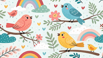 colorful seamless pattern for kids with cute birds
