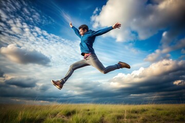 happy boy jumping in the air in a field.