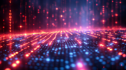 Fototapeta premium Vibrant digital network with bright binary code flowing in dark background. Generative AI