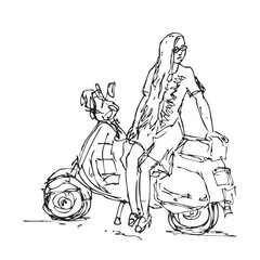 Hand-Drawn Sketch Vector Illustration,Woman Posing on a Scooter