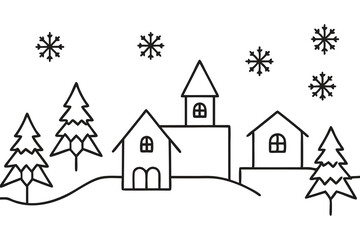 Winter Houses In The Snow Coloring Book Page Vector Illustration