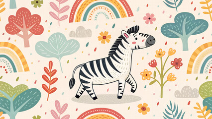 Fototapeta premium colorful seamless pattern for kids with funny zebra