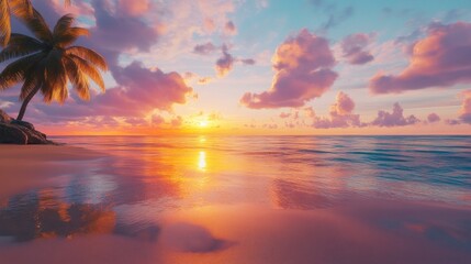 Tropical beach sunset, palm tree, ocean reflection, peaceful paradise, travel brochure