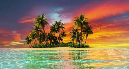 A tropical beach sunset over the sea with palm trees paints a paradise seascape