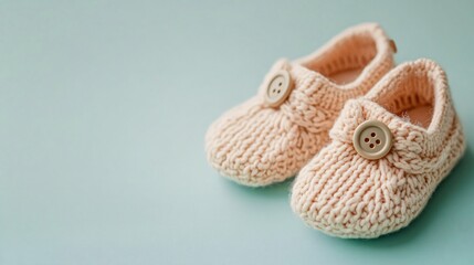 Knitted wool baby shoes in soft peach with a button detail, on a light pastel green background