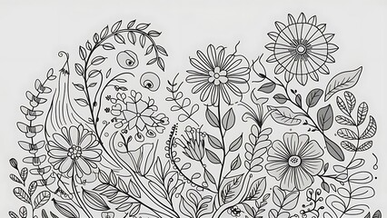 Vector Seamless Monochrome Floral Pattern. Hand Drawn Floral Texture, Decorative Flowers, Coloring Book