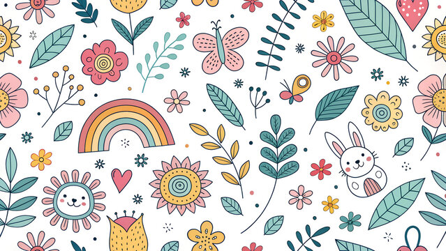 colorful seamless pattern for kids with flowers, butterflies, rainbow