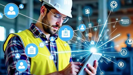 A construction worker uses a tablet, surrounded by digital icons representing technology.