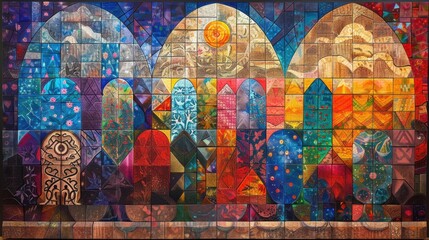 Fototapeta premium Colorful painting of a city with a sun in the sky