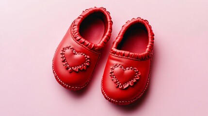 Vibrant red baby moccasins with heart-shaped stitching, isolated on a pale pink background