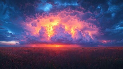 Dramatic Thunderstorm Over Vast Savanna Landscape at Sunset