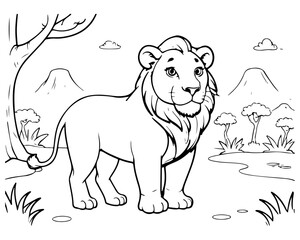 Coloring page of lion for kids coloring book