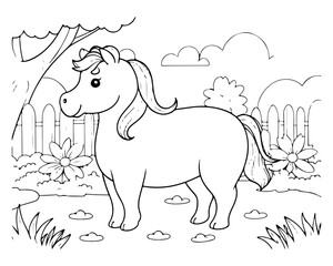 Coloring page of horse for kids coloring book