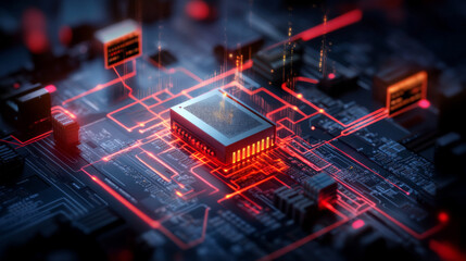 High tech circuit board with central processing unit and glowing connections