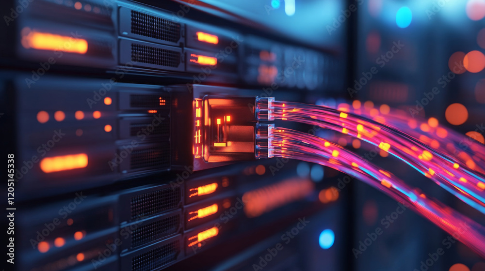 Wall mural high tech data center with illuminated server racks and fiber optic cables