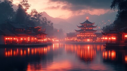 Obraz premium Festive Chinese New Year Scene with Lanterns and Serene River Reflections