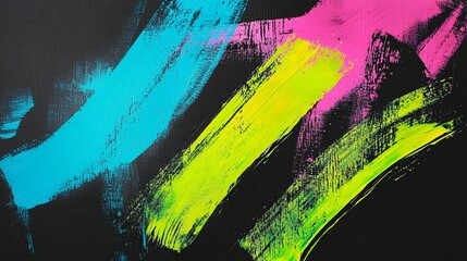 Vibrant abstract brush strokes in bold colors on a dark canvas create an energetic composition