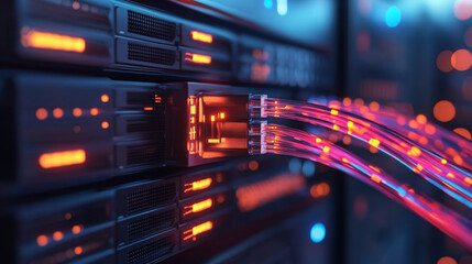 Naklejka premium High tech data center with illuminated server racks and fiber optic cables