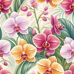 Orchid Paradise: A vibrant seamless pattern of exquisitely rendered orchids in various shades of pink, orange, and purple, set against a backdrop of lush green foliage.