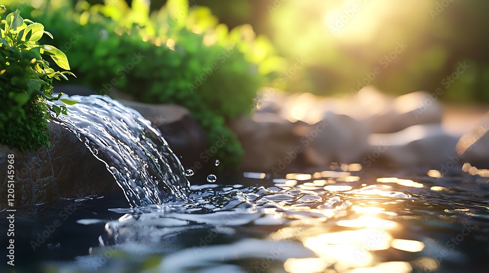 Poster serene waterfall flows into calm pool of water