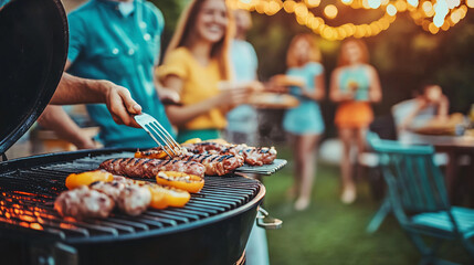 Summer BBQ Fun:  A close-up view of a sizzling barbecue grill with friends and family enjoying a relaxing summer gathering, evoking a warm and inviting atmosphere.  