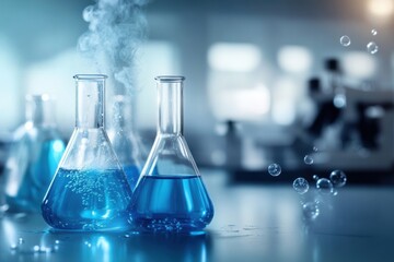 Colorful laboratory flasks with bubbling blue liquid creating a scientific atmosphere for research and experimentation.