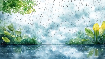 Serene Rain Watercolor Landscape of Tranquil Pond and Lush Greenery.
