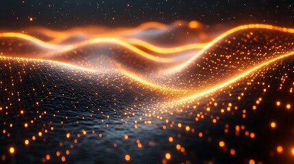 Obraz premium Abstract Orange Glowing Particles Wave Landscape