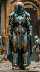 Fototapeta premium Warrior in Green Armor Stands Ready on Alien Planet on Cosmic Background. Generative AI