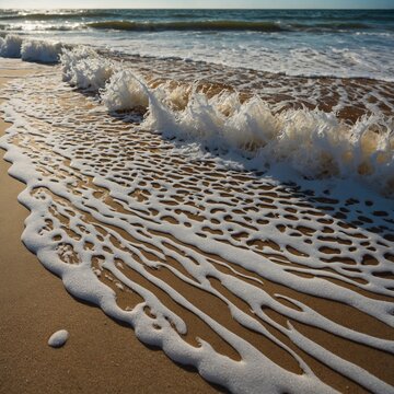 "Foamy waves rolling onto the beach and leaving intricate patterns on the sand."