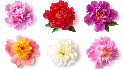 Six vibrant peony blossoms in various colors