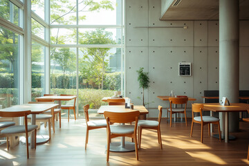Fototapeta premium Spacious Bright Cafe Interior with Concrete Walls Wooden Floor and Stylish Seating