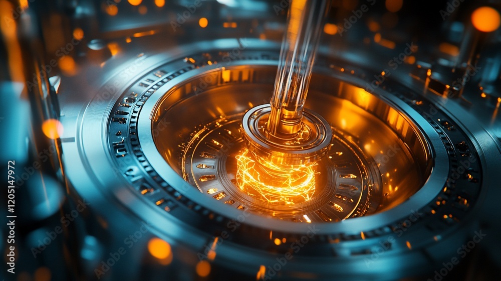 Poster intricate metallic mechanism with glowing energy stream and bokeh effect in a dynamic close up