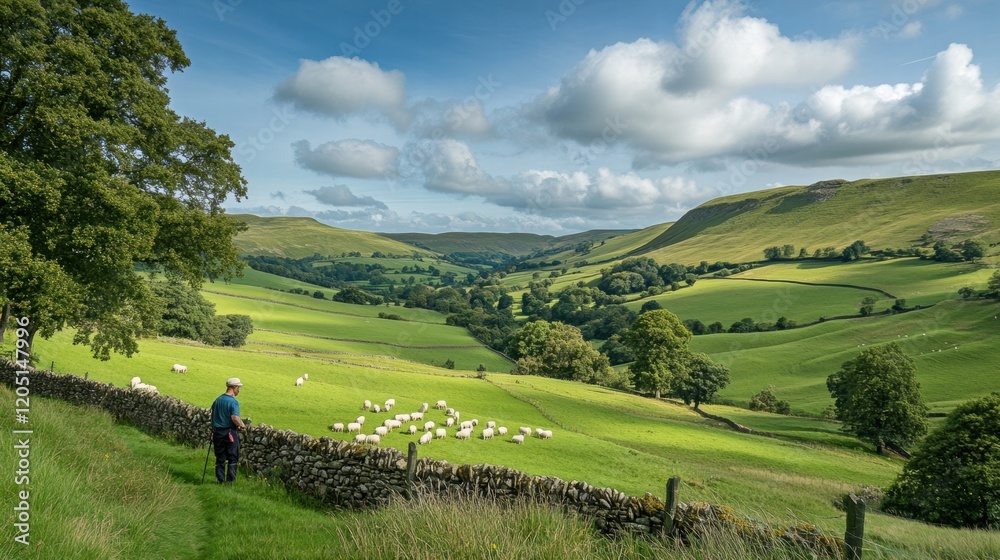 Poster lush green countryside landscape with a shepherd and grazing sheep under a cloudy sky in the late af