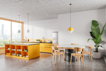 Modern yellow kitchen interior with dining area, round table, wooden chairs, island, and large plant in bright domestic design. 3D Rendering