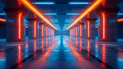 Futuristic Industrial Space With Blue, Orange Lighting in Grungy Cement Environment. Generative AI