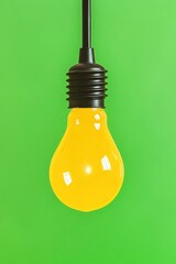 Bright yellow light bulb hanging against a vibrant green background, perfect for creative concepts and modern design.