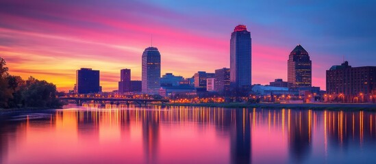Fototapeta premium Cityscape sunrise river reflection