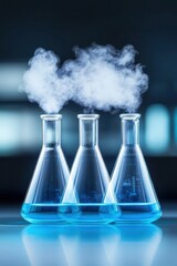 Three laboratory flasks with blue liquid and steam, showcasing scientific experimentation and chemical reactions.