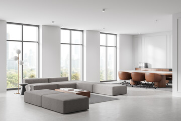 Modern office interior with stylish furniture and cityscape view through large windows. 3D Rendering