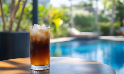 Iced coffee in a tall glass on a round wooden table in front of a bright window with a view of the swimming pool. Generative AI