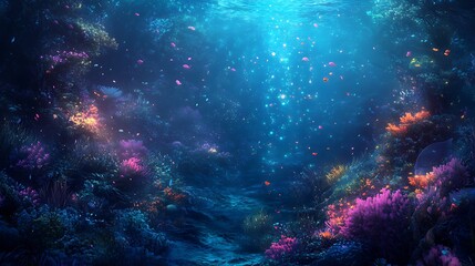 Underwater Scene with Colorful Coral and Bioluminescent Particles