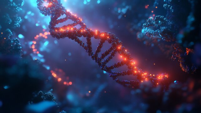 A glowing DNA double helix structure with a blue background in a science themed representation