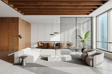 Modern open office interior with cozy seating and natural light. 3D Rendering