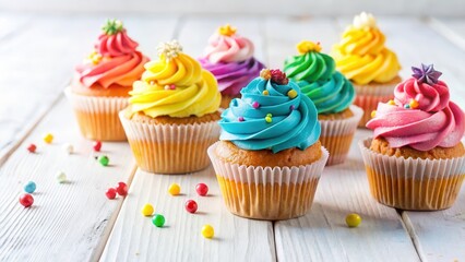 Vintage style bakery cupcakes with colorful frosting and decorations on a white background