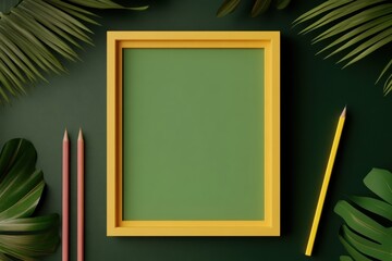 Vibrant yellow picture frame on a green backdrop surrounded by tropical leaves and colorful pencils, perfect for creative projects.