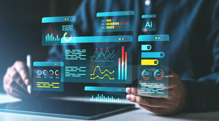 Interactive data and graphs on digital interface screen, futuristic design.